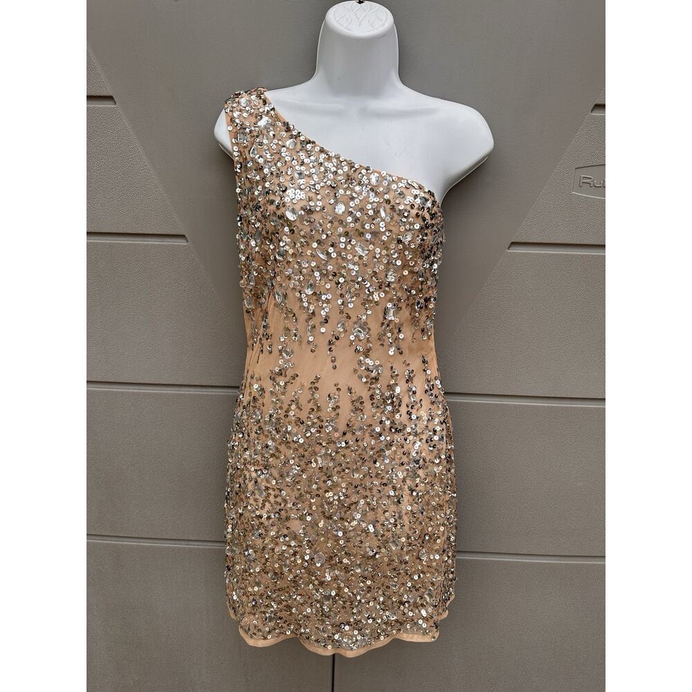Mac Duggal 10977 Nude One Shoulder Asymmetric Sheer Hand Beaded Mini Dress Sz 12 - Picture 4 of 16